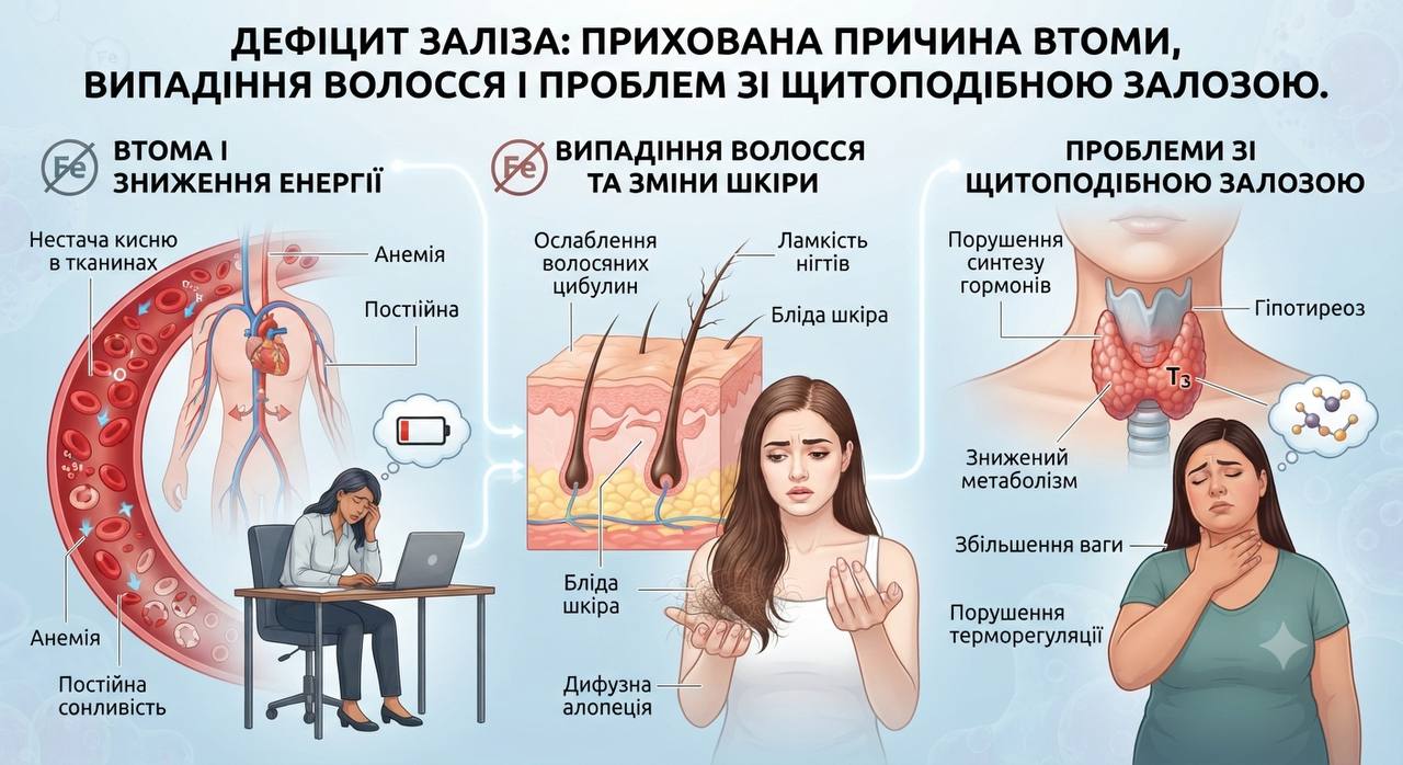 Дефіцит заліза: прихована причина втоми, випадіння волосся і проблем зі щитоподібною залозою. 